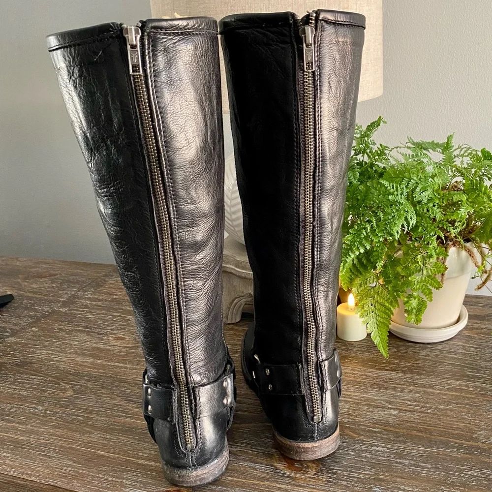FRYE Phillip Harness Tall Knee High Wide Calf Boots Shoe Black Leather Womens 6B